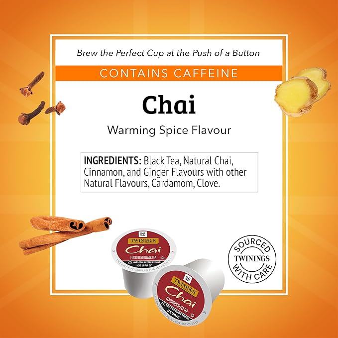 Twinings Chai Black Tea K-Cup Pods for Keurig, 24 Count (Pack of 1), Naturally Sweet and Savoury Spice Flavours, Caffeinated, Enjoy Hot or Iced