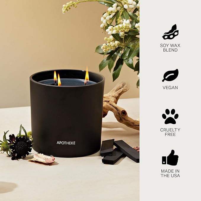 Apotheke 3-Wick Scented Candles for Home, Charcoal - 26 oz Soy Wax Jar Candle Gift for Women - Long-Lasting Fragrance with Perfume-Grade Essential Oils - Cedarwood, Sandalwood, Oud & Amber