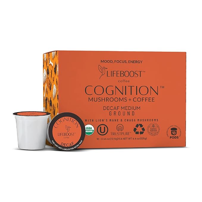 Lifeboost Cognition Decaf Mushroom Coffee Pods – Organic Low Acid Decaf K-Cups with Lion’s Mane & Chaga Adaptogens – Nootropic Coffee for Focus, Energy & Immune Support – 10 Count