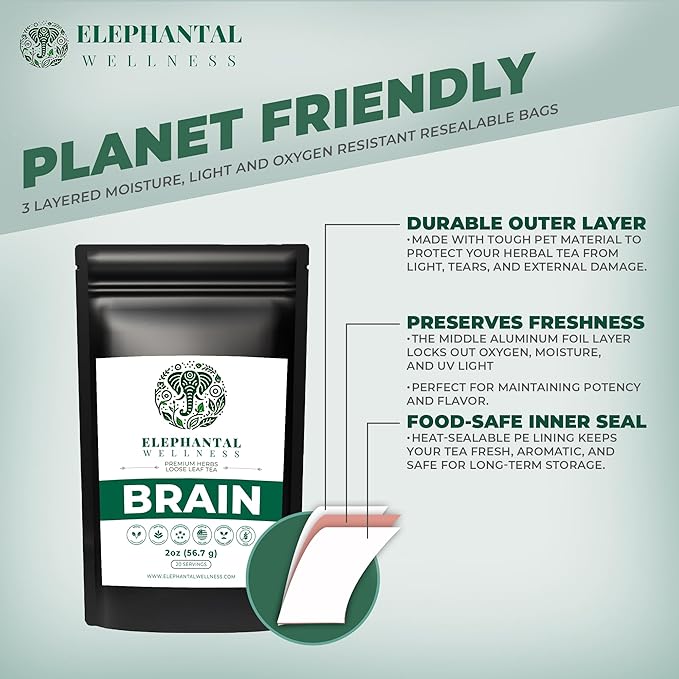 Elephantal Wellness Premium Brain Herbal Tea | Nootropic Focus & Mental Clarity with Ginkgo, Bacopa, Gotu Kola & Rosemary | Non-GMO, Caffeine-Free Coffee Alternative, Handmade Loose Leaf Blend, 2oz Loose Leaf, 20 Servings