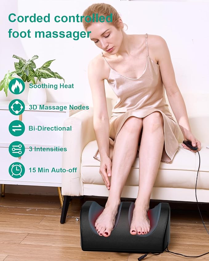 Foot Massager with Heat and Foot Massage, Electric Foot Massager with Cord Remote Control, Birthday Gifts for Mom and Dad (Black - Corded Electric)