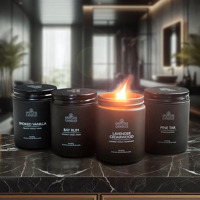 Scented Candles for Men - 200 Hours Burn Time in Gift Box & Protective Shipper - Men Candle Set x 4 - Cedarwood & Lavender/Bay Rum/Pine Tar/Smoke & Vanilla - Spotless Leopard