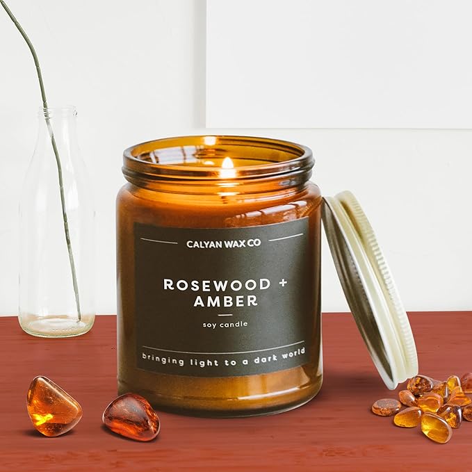 Calyan Wax Co. Rosewood & Amber Scented Candle - 57 Hour Burn - Luxury Non Toxic Soy Wax Candles - Long Lasting Amber Glass Jar Candle for Home - 7.2oz