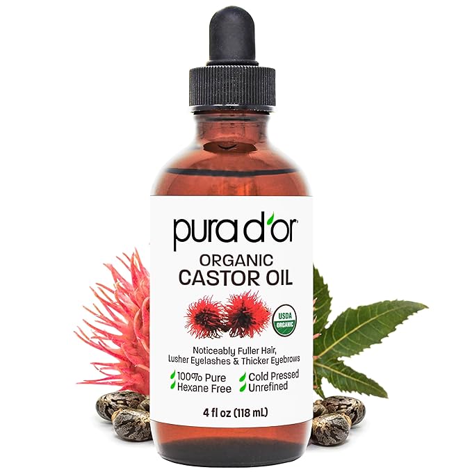 PURA D'OR 4 Oz Organic Castor Oil – Pure Cold-Pressed, Hexane-Free, USDA Certified – Lashes, Brows, Hair, Scalp, Skin – Botanical Moisturizer Supporting Softness, Strength, Hydration, Shine & Radiance