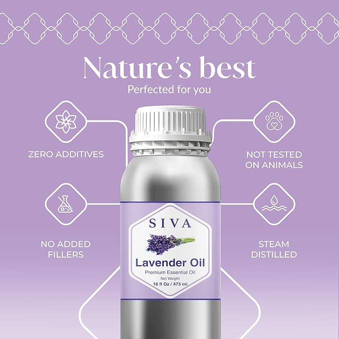 Siva Lavender Essential Oil – 16 Fl Oz – 100% Natural Lavender Oil - for Diffuser, Hair Care, Face, Skin Care, Aromatherapy, Scalp and Body Massage, Soap and Candle Making