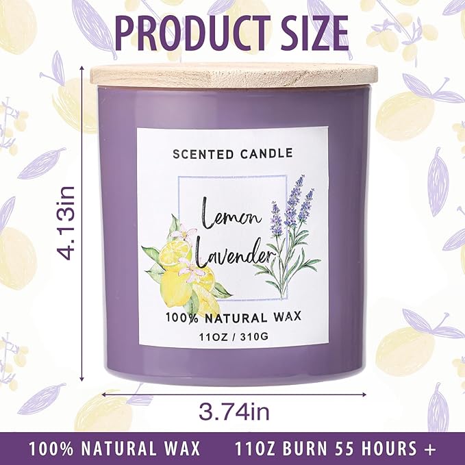 Lemon & Lavender Scented Candle - Spring &Summer Candle,Natutal Soy Wax Candles for Home Scented,Candle Gift for Women Men,11oz
