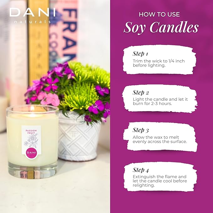 DANI Naturals Soy Candle - Passion Fruit Scent, 100% Pure Soy Wax, Kosher, Non-Toxic, Long-Lasting Burn - 7.5 oz