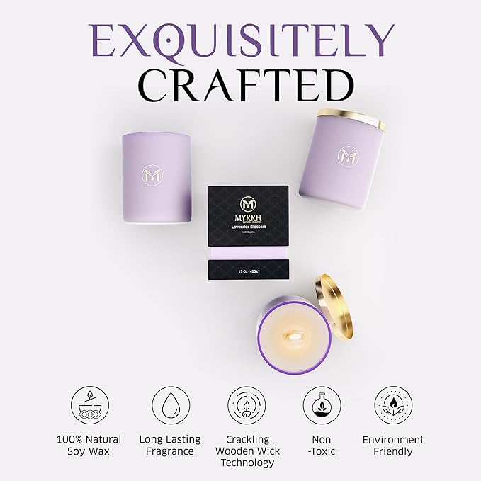 MyrrhUSA Lavender Blossom Scented Candle – 15oz Natural Soy Wax with Crackling Wooden Wick & Essential Oil, 80 Hour Burn | Luxury Aromatherapy Candle for Relaxation, Home Décor, Living Room & Bathroom