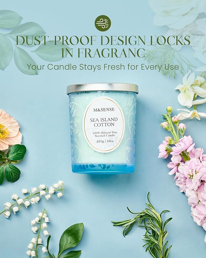 M&SENSE Sea & Cotton Scented Candle, Cracking Wooden Wick Soy Wax, 18oz 100 Hours Long Lasting Clean Burn, Large Summer Candles for Home Decor, Non-Toxic Relaxing Aromatherapy Gifts for Women