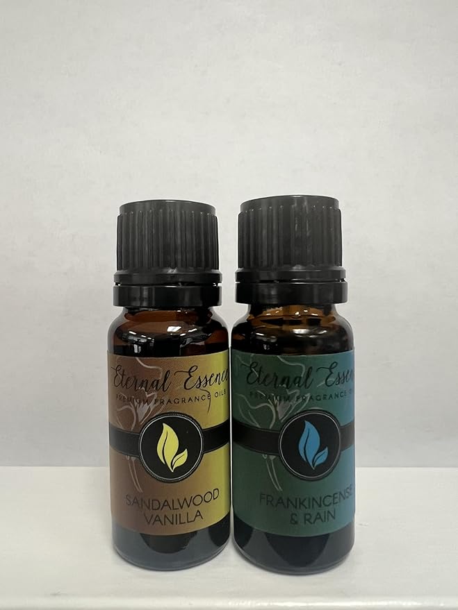 Eternal Essence Oils 2 Pack 10ml Premium Fragrance Oil - Sandalwood Vanilla & Frankincense & Rain - for Candle, Soap Making, Aromatherapy, Diffusers, Home Care, & Humidifiers