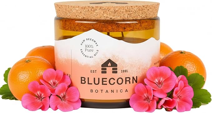 Bluecorn Beeswax Large 3-Wick Candle, 100% Pure Beeswax with Tangerine & Geranium Essential Oils, Amber Glass, Soy Free, Clean Burning Candle Wax, Long Lasting, Home Decor, American Made, 22 Oz, 1 Ct