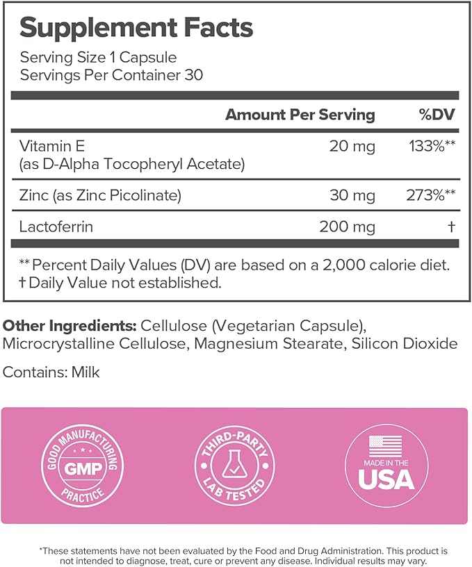 O Positiv FLO Acne Capsules – Reduce Number and Severity of Pimples, Whiteheads, Blackheads, and Pustules on Face, Back, and Body – Colostrum-Derived Lactoferrin, Zinc and Vitamin E – 30 Servings