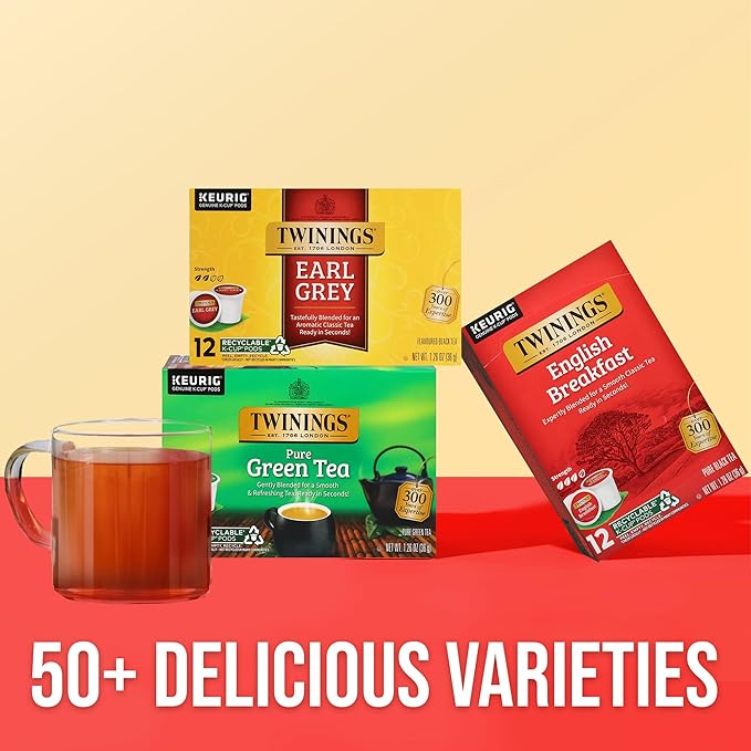 Twinings 36 K-Cup Pods Variety Pack, Includes English Breakfast, Earl Grey, and Green for Keurig and Single Cup Brewers, 12 Count (Pack of 3), Caffeinated, Enjoy Hot or Iced