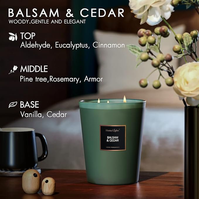 HomeLights Highly Scented Soy Candles Big 33.3 oz for Home. 3 Cotton Wicks, Smokeless Long Lasting 130 hrs in Balsam & Cedar. 5x6, Great Gift for Women & Men