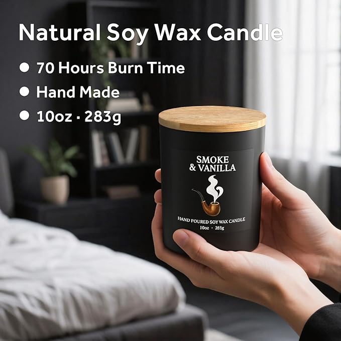 NORVENCE Candles for Men, Smoke ＆ Vanilla Scented Candle Gifts for Men and Women, 10oz Soy Candles with Bamboo Lid for Home Scented, Birthday Gifts for Men