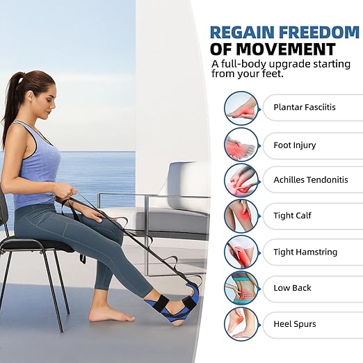 comness Foot and Calf Stretcher Stretching Strap For Plantar Fasciitis, Heel Spurs, Foot Drop, Achilles Tendonitis & Hamstring. Yoga & Leg Stretch Strap. (Blue)