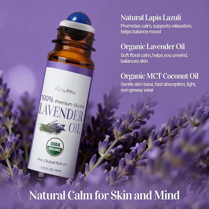 BodyJ4You Lavender Essential Oil Roll On - Pure 100% USDA Organic Coconut Oil - Natural Lapis Lazuli Stone Roller - Calm Aroma Sleep Prep Pulse Point Meditation - Amber Glass Bottle Rollerball (10ml)