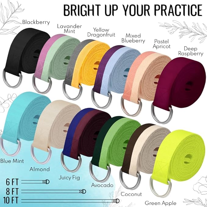 TECEUM Yoga Strap & Mat Strap – 2 IN 1 – Cotton – 6 ft 8 ft 10 ft (30+ colors) – Adjustable Non-Slip Belt for Yoga, Pilates, Stretching, Physical Therapy, Fitness & Home Workout – For Carrying Mats