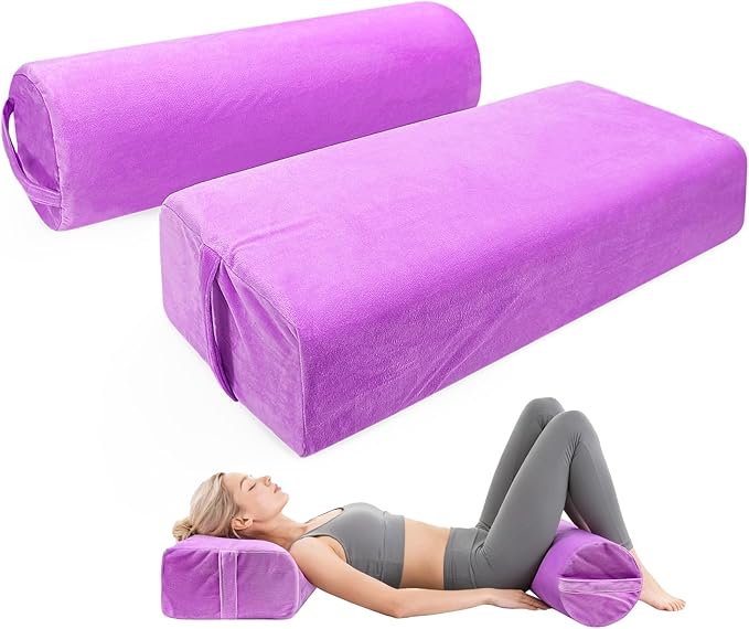 JZHLLA 2 PCS Yoga Bolster Pillow for Restorative Yoga, High Density Foam Meditation Bolster with Washable Velvet Cover and Carry Handle Meditation Pillow Set with Round and Rectangular