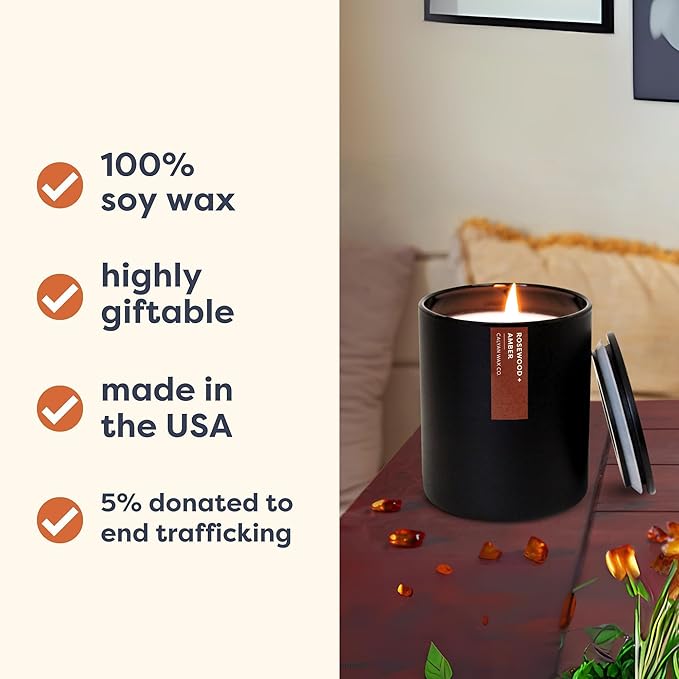 Calyan Wax Co. Rosewood & Amber Scented Candle - 75 Hour Burn - Luxury Non Toxic Soy Wax Candles - Long Lasting Black Tumbler Jar Candle for Home - 10.2oz