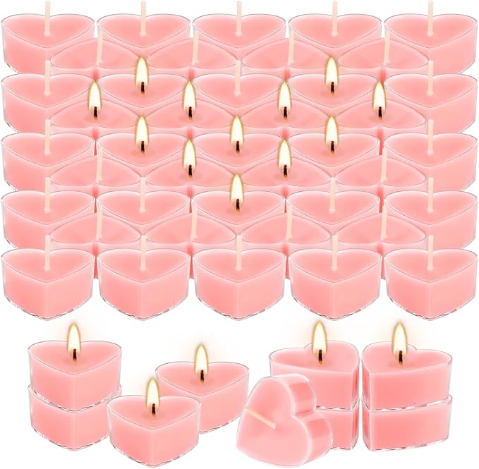 50 PCS Heart Shaped Tea Light Candles, Rose Scented 4-Hour Burn Smokeless Tealights for Valentine's Day, Wedding Anniversary, Proposal，Romantic Decorations