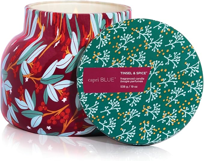 Capri Blue Pattern Play Signature Holiday Candle - Luxury Holiday Scented Candle for Home- Long Lasting Soy Wax Blend - Comes in Decorative Glass Jar (Tinsel & Spice, 19 oz)