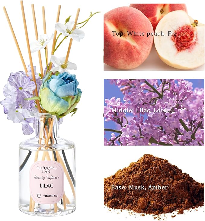 Chloefu Lan Lilac Reéd Diffuser Oil, 6.7 oz Refreshing Natural Essential Scented Oil with Purple Flower Diffuser Sticks,Bathroom Decor, Home & Office Decor,Diffuser Oil Gift Set