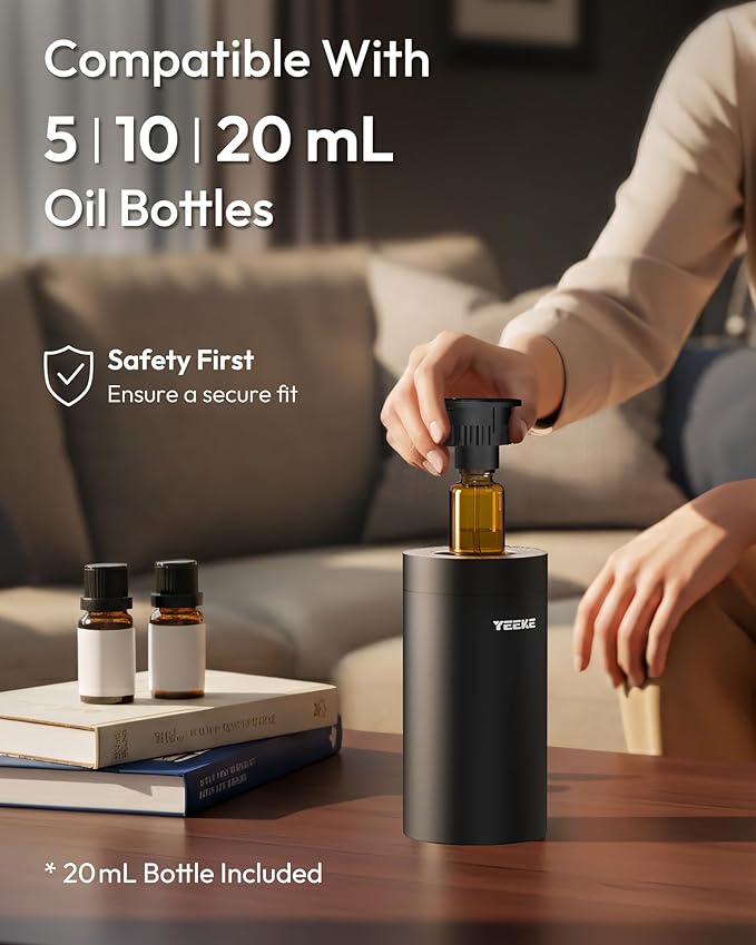 Waterless Essential Oil Diffuser – Portable Aromatherapy Diffuser with 20mL Capacity, 3 Timer & Mist Modes, Battery Operated Scent Air Machine for Home, Office, Car – Black