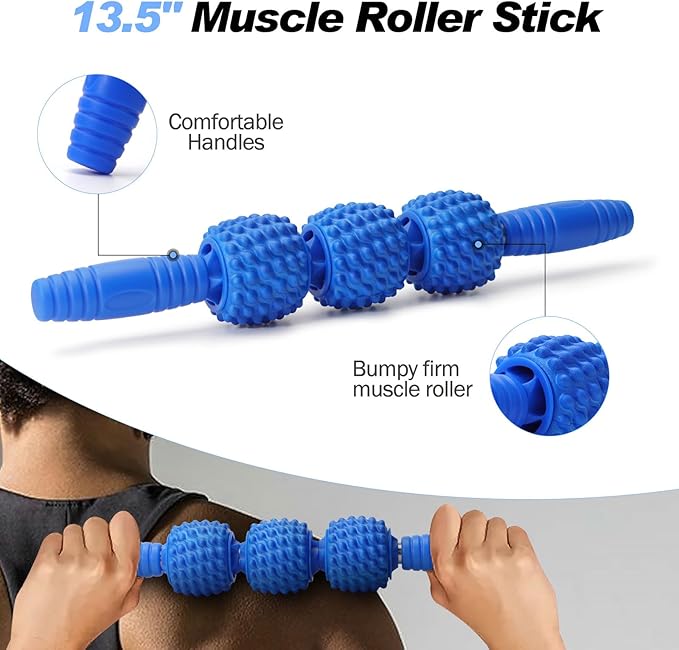 5 in 1 Foam Roller Set Trigger Point Foam Roller, Massage Roller Stick, Massage Ball, Stretching Strap for Deep Muscle Massage Pilates Yoga, Fitness Exercise for Whole Body (Blue Diamond)