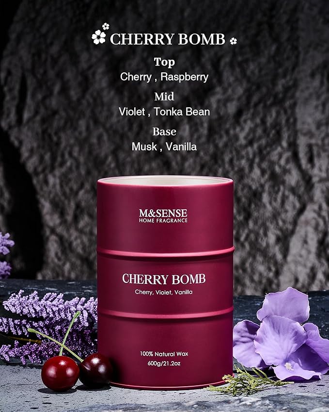 M&SENSE Cherry Bomb Scented Candles, Large Sweet Candle for Home Scented, Natural Soy Wax Candle, Candles Gifts for Women, 21.2 oz 120 Hours Burn