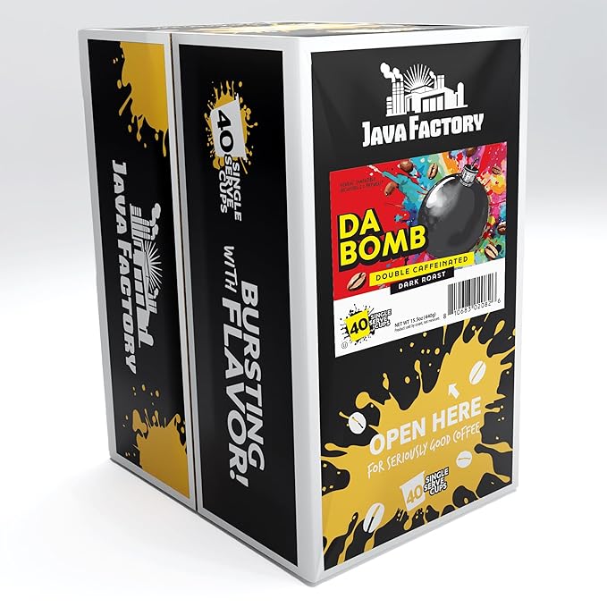 Java Factory High Caffeine Coffee Pods, Da Bomb Dark Roast, 40 Count - Compatible with K Cup Brewers 2.0, Extra Caffeine for a Strong Start to Your Day
