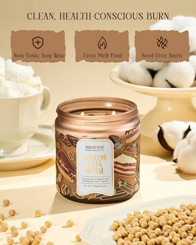 M&SENSE Coffee Candles Cappuccino Cocoa Scented, Soy Based Wax 11.6oz 70 Hours Non Toxic Slow Burn, Double Wick Highly Scented Chocolate Candles for Relaxation, Holiday Gifts for Coffee Lover