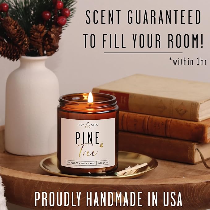 Pine Candle, Pine Scented Candles, Christmas Candles Scented - 'Pine Tree' Soy Candle, w/Fir Needles, Warm Cedar & Sandalwood - Infused with Essential Oils I 9oz, 50 Hour Burn, Handmade in USA