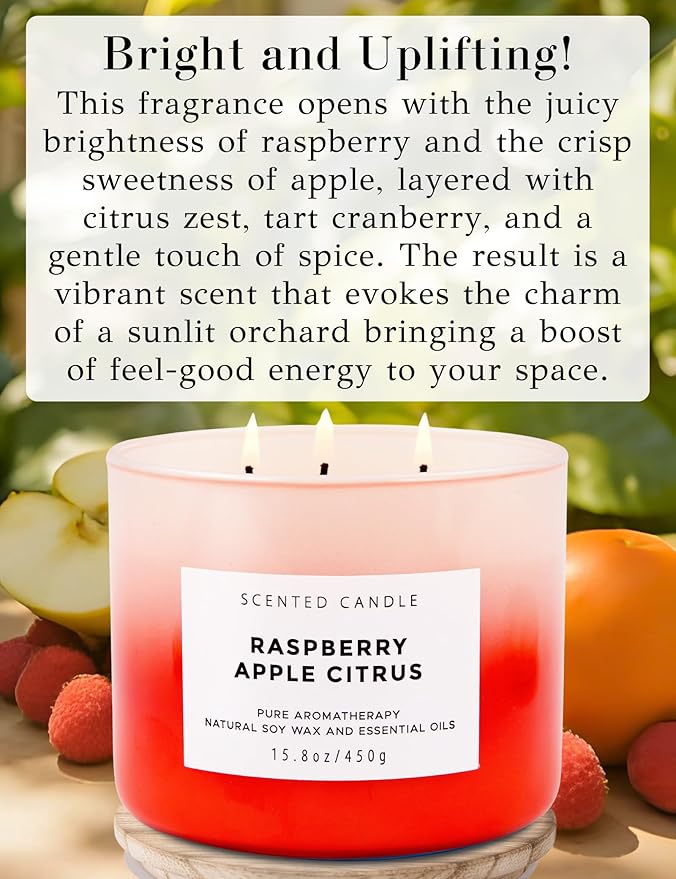 Large 3 Wick Soy Candle 15.8 oz - Raspberry Apple Citrus Scented Candle with Cranberry & Warm Cinnamon - Clean Burn, Long Lasting - Aromatherapy Candle for Relaxation & Stress Relief
