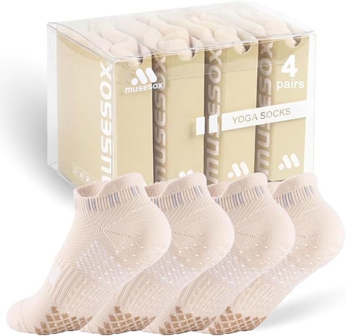 musesox 4 Pairs Non-Slip Pilates Socks for Women with grips,Grippy Ankle Socks for Yoga,Barre,Hospital,Gym,Dance