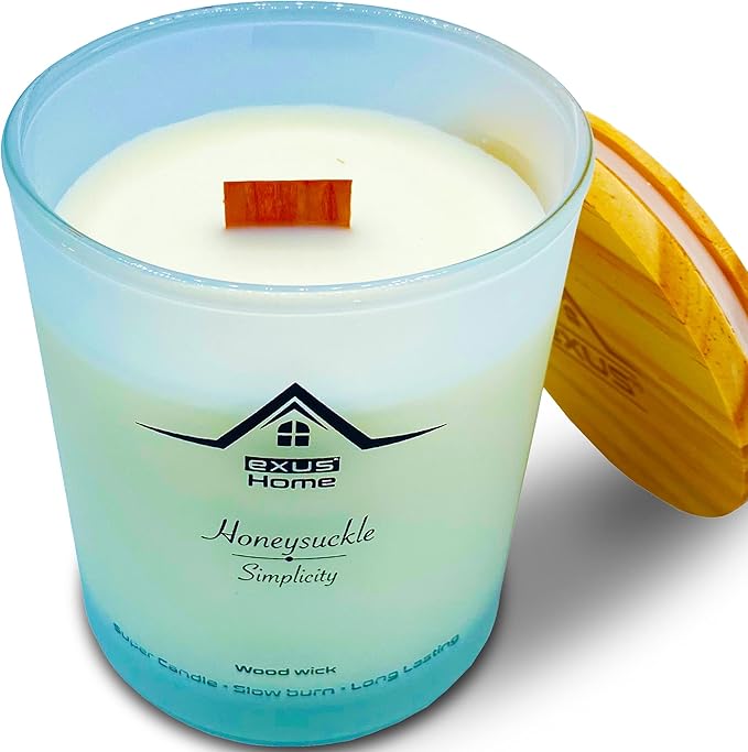 Exus Hand Crafted, Soy Wax, Wood Wick, Aromatic Candle. Non-Toxic (Honeysuckle/Simplicity)