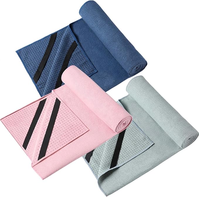 Hahafelt 3 Pack Non Slip Hot Yoga Mat Towel with Grip Dot and Secure Fit Elastic Straps 72" x 26" Microfiber Yoga Towel Absorbent Sweat for Pilates Fitness(Morandi Pink Blue Green)