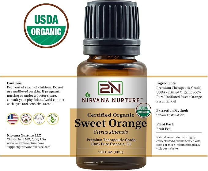 Sweet Orange Essential Oil USDA Certified Organic 100% Pure Premium Therapeutic Grade, Undiluted - Aromatherapy Diffuser for Calm and Relaxation, Skin Care, Hair Care