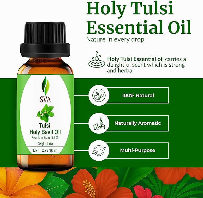 SVA Holy Tulsi Essential Oil – 1/3 Fl Oz – 100% Natural Tulsi Oil - for Diffuser, Hair Care, Face, Skin Care, Aromatherapy, Scalp and Body Massage, Soap and Candle Making