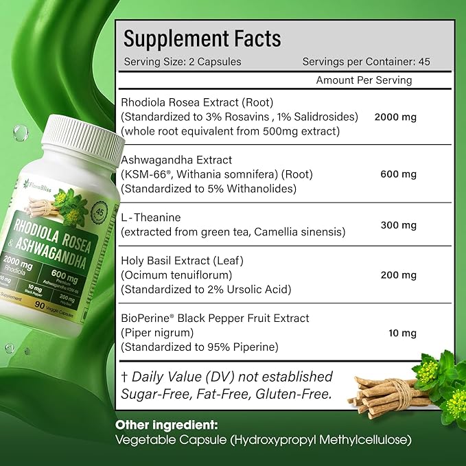 FloraBliss Rhodiola Rosea 2000mg with Ashwagandha KSM-66, L-Theanine, Holy Basil & BioPerine - 120 High Potency Vegan Capsules - Herbal Adaptogen for Energy & Wellness - No Artificial Additives