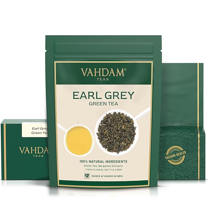 VAHDAM, Earl Grey Citrus Green Tea Loose Leaf (50+ Cups, 3.5 oz) Loose Leaf Earl Grey Green Tea With Pure Bergamot Oil | High Elevation Grown | Vacuum Sealed for Freshness