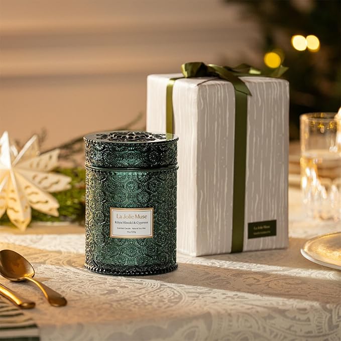 LA JOLIE MUSE Christmas Candle | Kōya Hinoki & Cypress | Pine, Hinoki & Cedarwood | 19 oz Wooden Wick Soy Candle | 90-Hour Burn | Cozy Winter & Christmas Gift