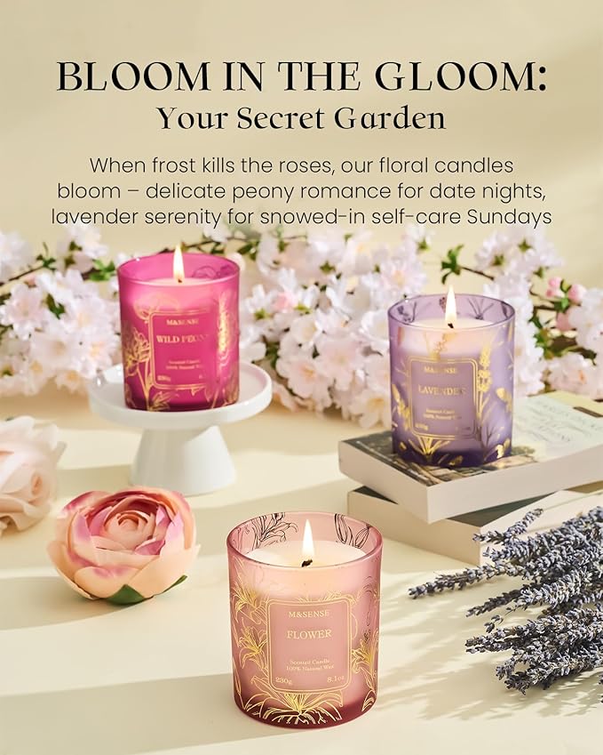 M&SENSE Wild Peony Floral Soy Candles, Vegan Subtle Scented 8.1oz 42-Hour Long Lasting, Non Toxic Candle for Bathtub Date Night Romance, Winter Home Fragrance Gifts for Her