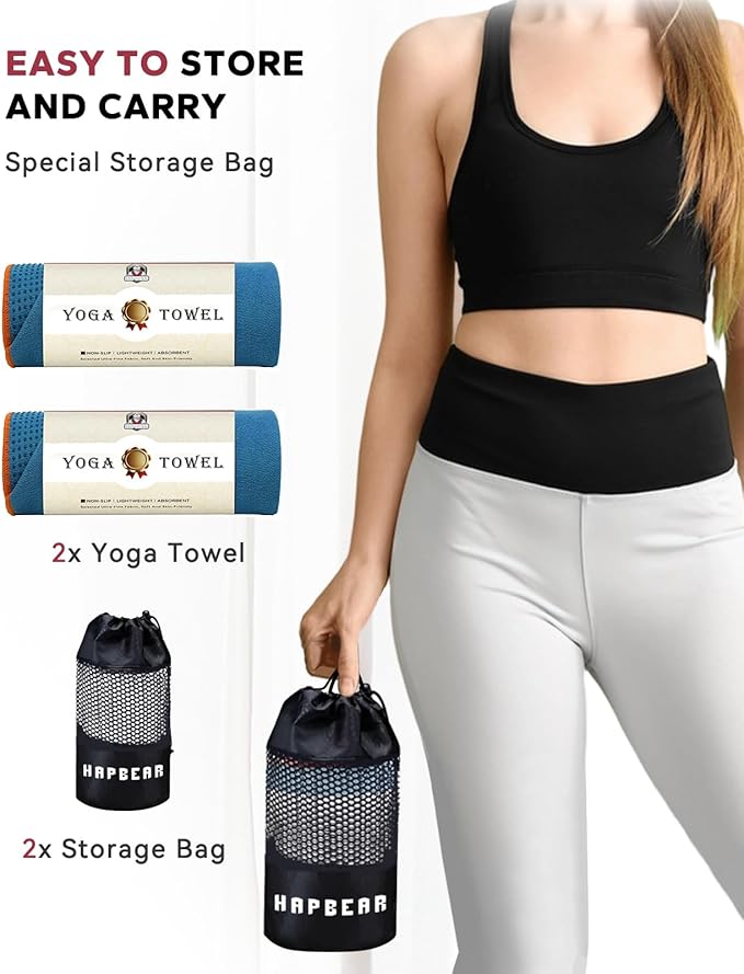 HAPBEAR 2 Pack Hot Yoga Towel - Non Slip Yoga Mat Towel with Grip Dot, Super-Absorbent, Soft Microfiber Towel for Hot Yoga, Pilates and Fitness