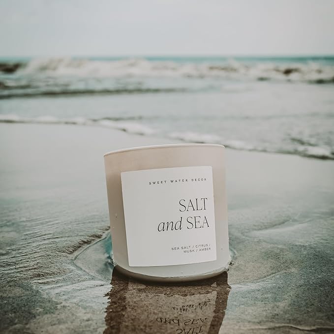 Sweet Water Decor Salt and Sea Soy Candle - Sea Salt, Citrus, Musk, and Amber Scented Summer Candles for Home - 15oz Tan Matte Jar, 70+ Hour Burn Time, Made in The USA - Beach Candles and Decor