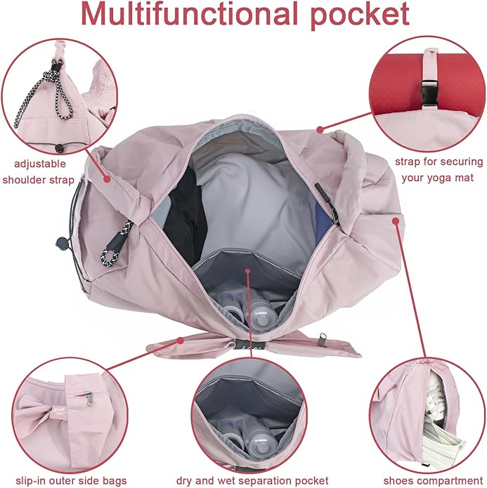 WOLT Gym Bag For Women, Yoga Mat Bag with Shoes Compartment, Wet Pocket and Water Bottle Pocket