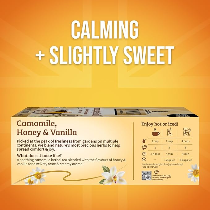 Twinings Camomile, Honey & Vanilla Herbal Tea Individually Wrapped Bags, 100 Count (Pack of 1), Naturally Caffeine-Free, Enjoy Hot or Iced, 100 Teabags