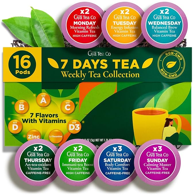 Gya Tea Co 7 Days Tea Pod Collection Gift Set (16 Count) - Different Flavors Assorted Variety Pack