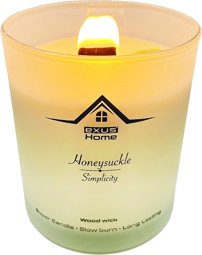 Exus Hand Crafted, Soy Wax, Wood Wick, Aromatic Candle. Non-Toxic (Honeysuckle/Simplicity)