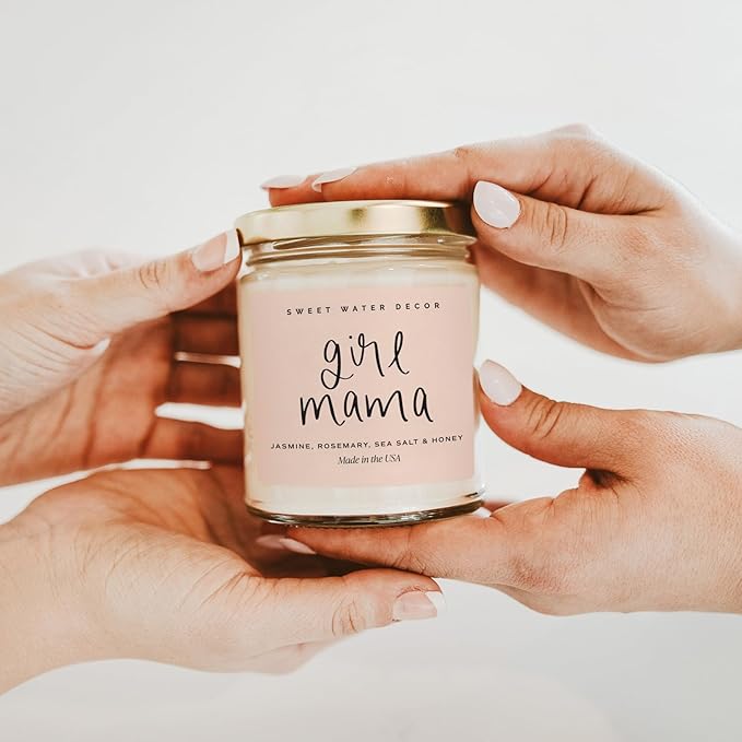 Sweet Water Decor, Girl Mama Candle – Lemon, Rosemary, Jasmine, and Amber Scented Soy Wax Candle for Moms of Girls – 9oz Clear Jar with Gold Lid, 40+ Hour Burn Time, Made in The USA